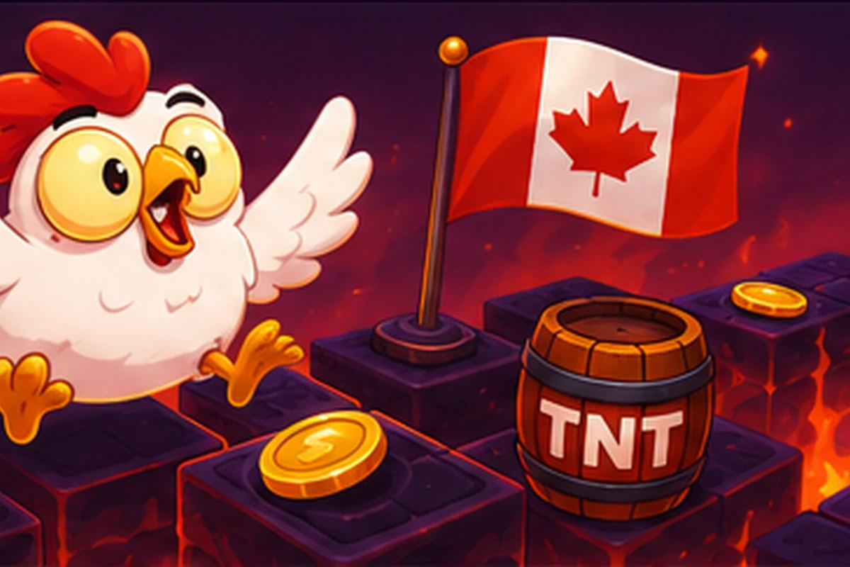 Cartoon chicken mascot beside a Canadian flag planted on dark lava-rock road tiles, with a TNT barrel and a gold coin nearby at dusk