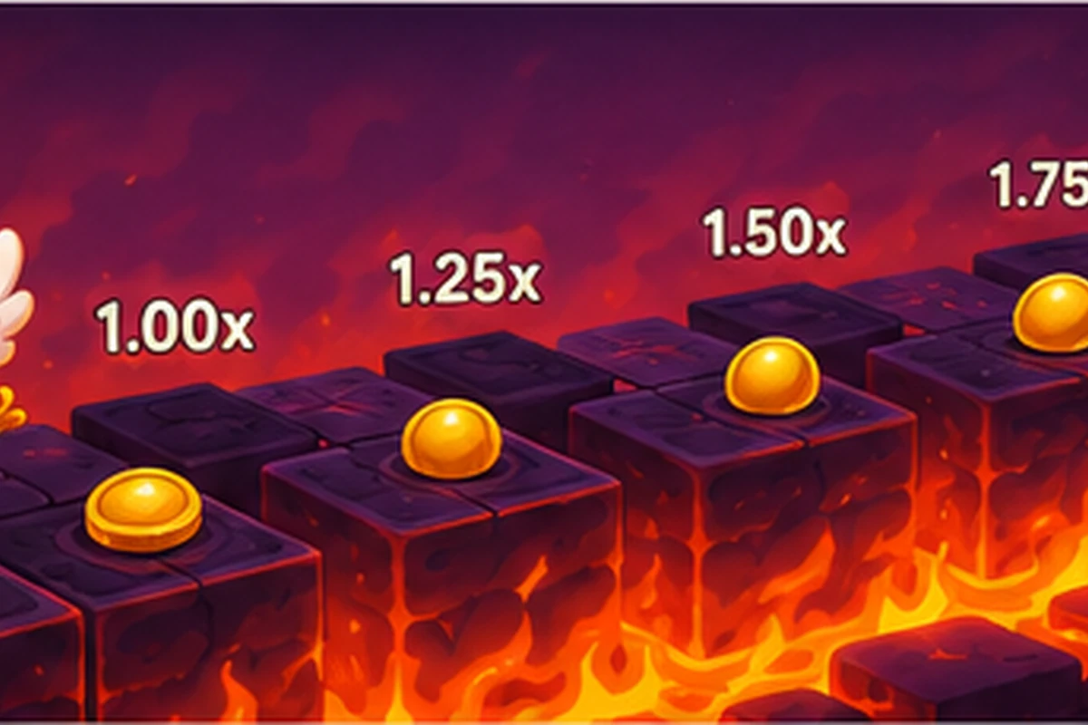 Illustration of rising multiplier markers above a row of dark lava-rock road tiles, representing a round's step-by-step progression