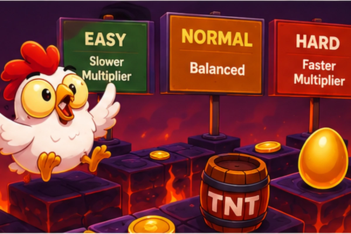 Cartoon chicken mascot beside three difficulty signposts — Easy, Normal and Hard — over lava-rock road tiles with coins and a gold egg