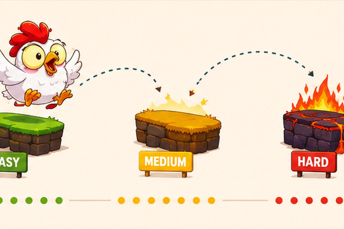 The first-play readiness checklist Chicken mascot leaping toward three platform tiles labelled Easy, Medium and Hard, colour-coded green, amber and red in a rising difficulty progression