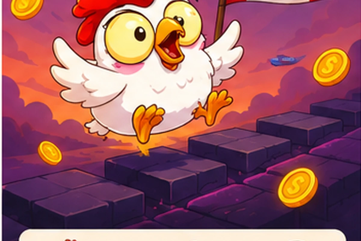 Cartoon chicken mascot flying above lava-rock road tiles with scattered gold coins, under a purple-to-orange dusk sky