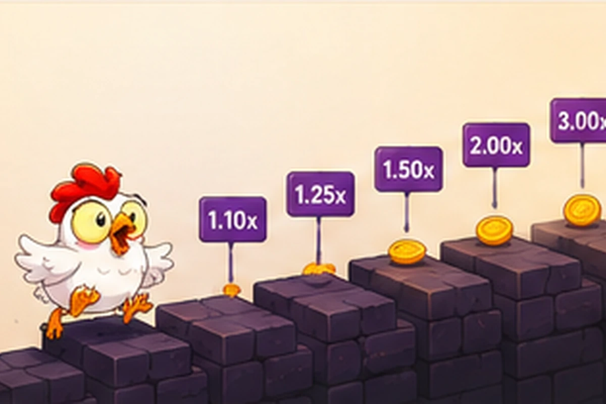 Chicken mascot beside a row of rising multiplier markers over lava-rock road tiles, representing free-play demo pacing